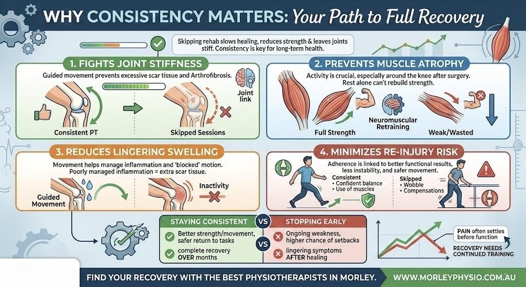 Infographic showing effects of skipping physical therapy like pain stiffness and slow recovery