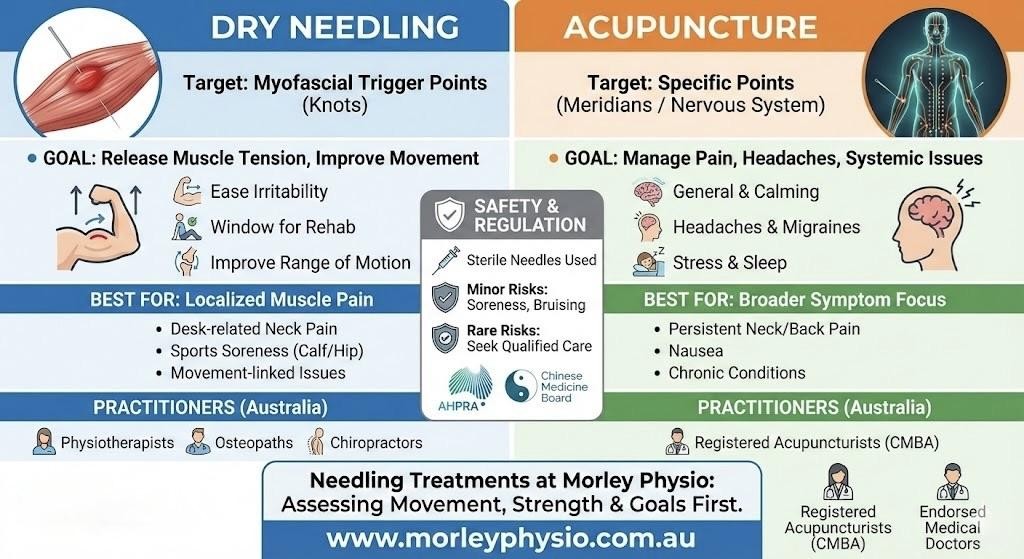 Dry needling vs acupuncture infographic showing technique pain points treatment methods and benefits